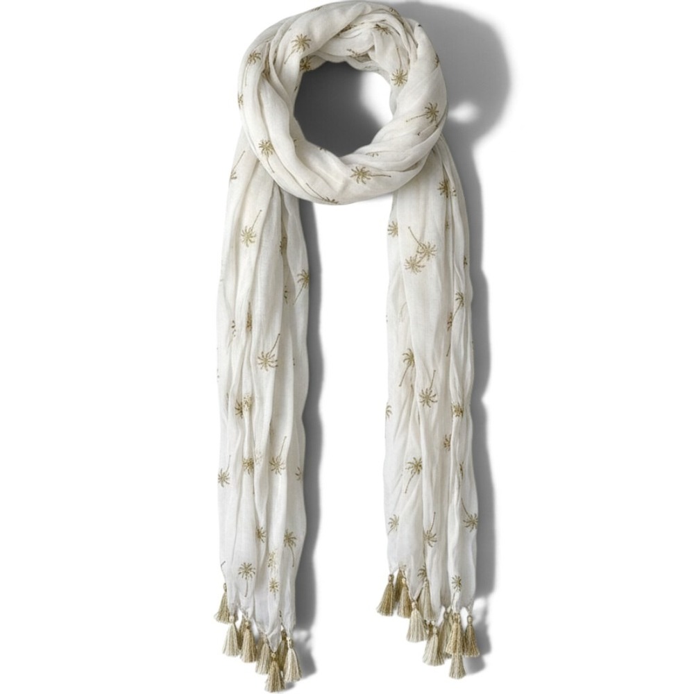 Tommy Bahama White Gold Metallic Embroidered Palm Tree Tassel Scarf Wrap